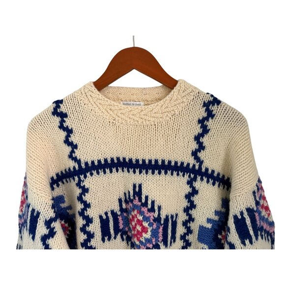 Hand-Knitted Shetland Wool Sweater By Susann D M Cream Blue Pink Aztec Tribal - - Picture 2 of 9